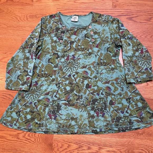 Color Me Cotton 3/4 Sleeve green Print Swing Top with Button Detail, Size M - Picture 6 of 9